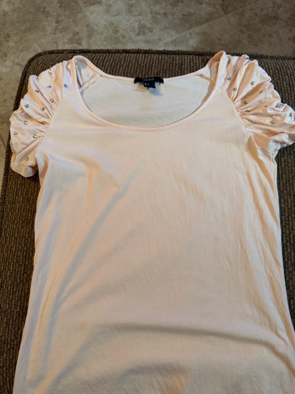 Forever 21 Light Pink Scoop Neck Short Sleeve Top with Embellished Puff Sleeves